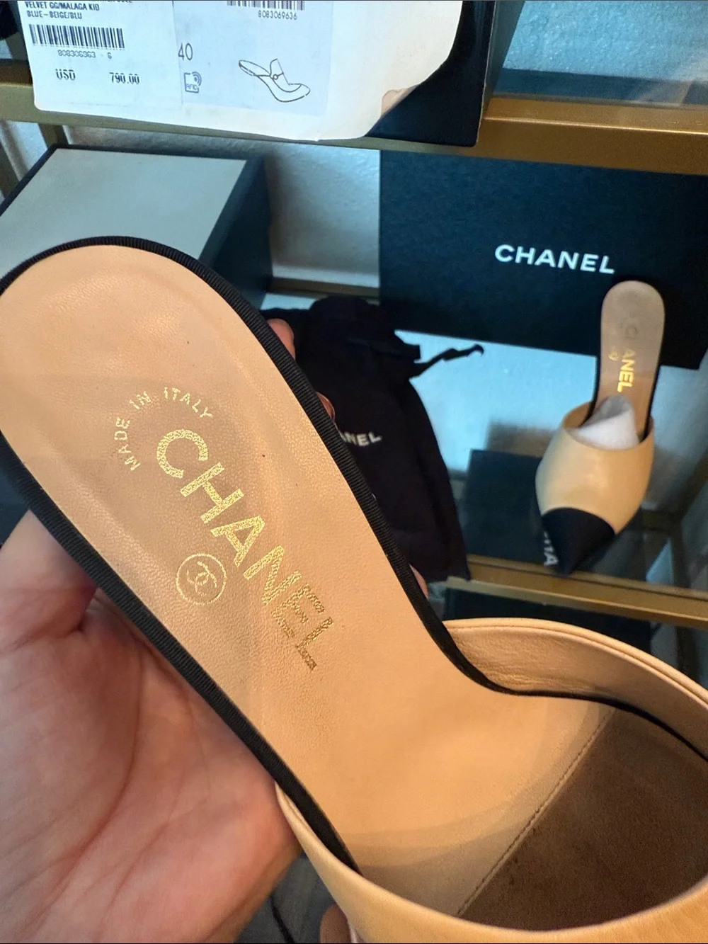 CHANEL Two-Tone Pointed Leather Mule in Beige and Black with Pearl Heel
